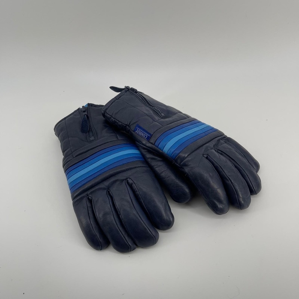 Vintage Conroy Mens Small Navy Leather Ski Gloves 3M Thinsulate Japan Stripe